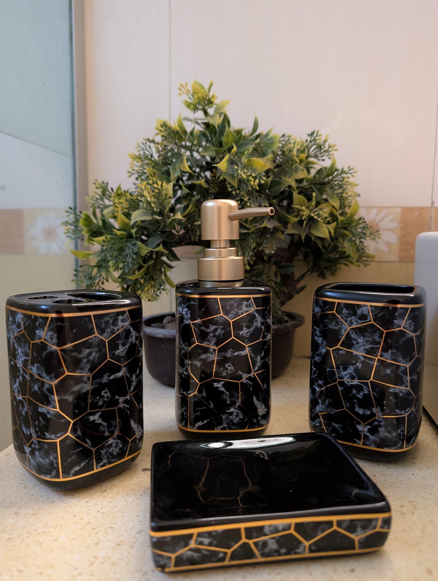 MarbellaStone™ Noir Marble Set | 4-Piece Luxury Bathroom Organizer