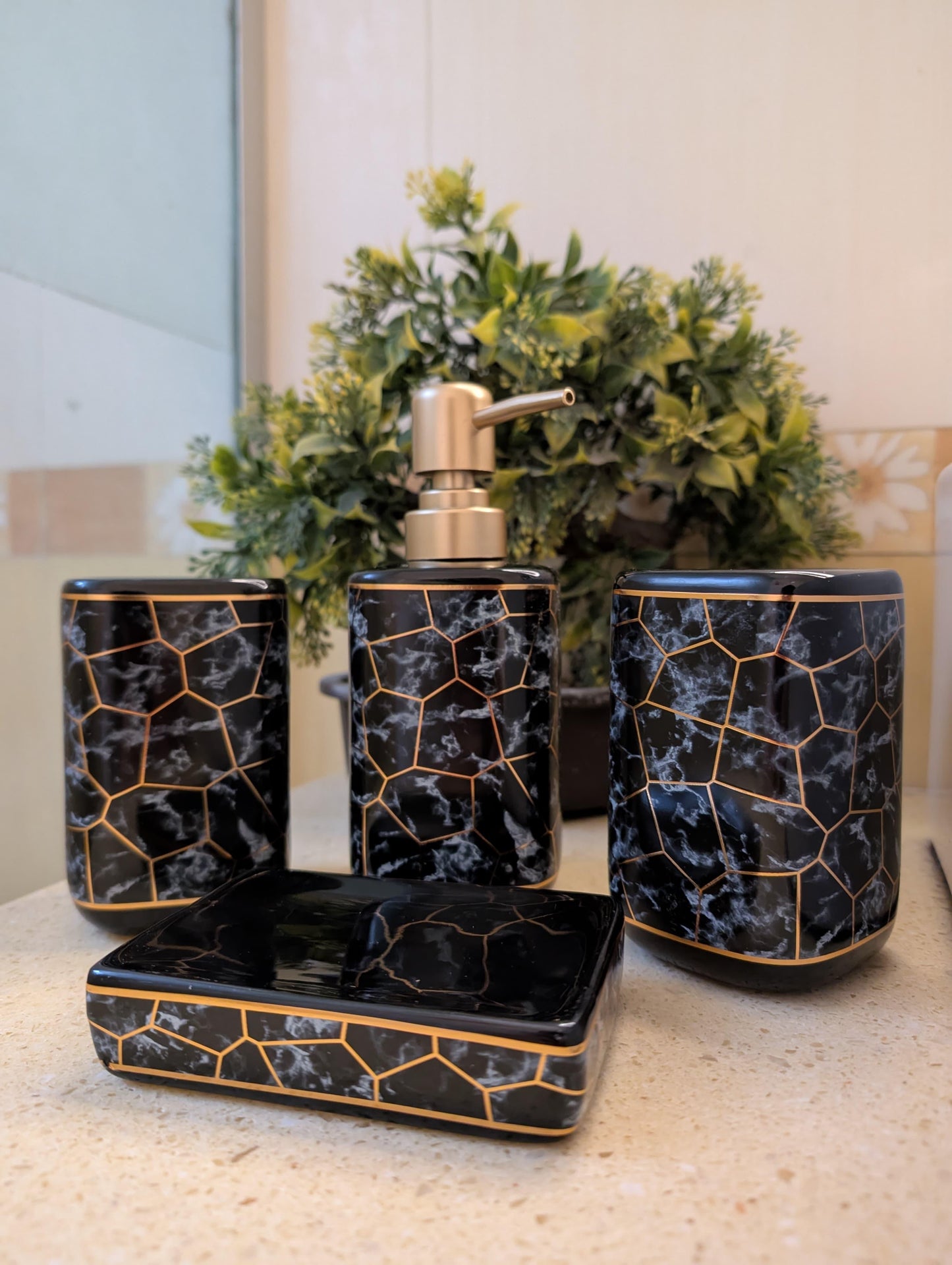 MarbellaStone™ Noir Marble Set | 4-Piece Luxury Bathroom Organizer