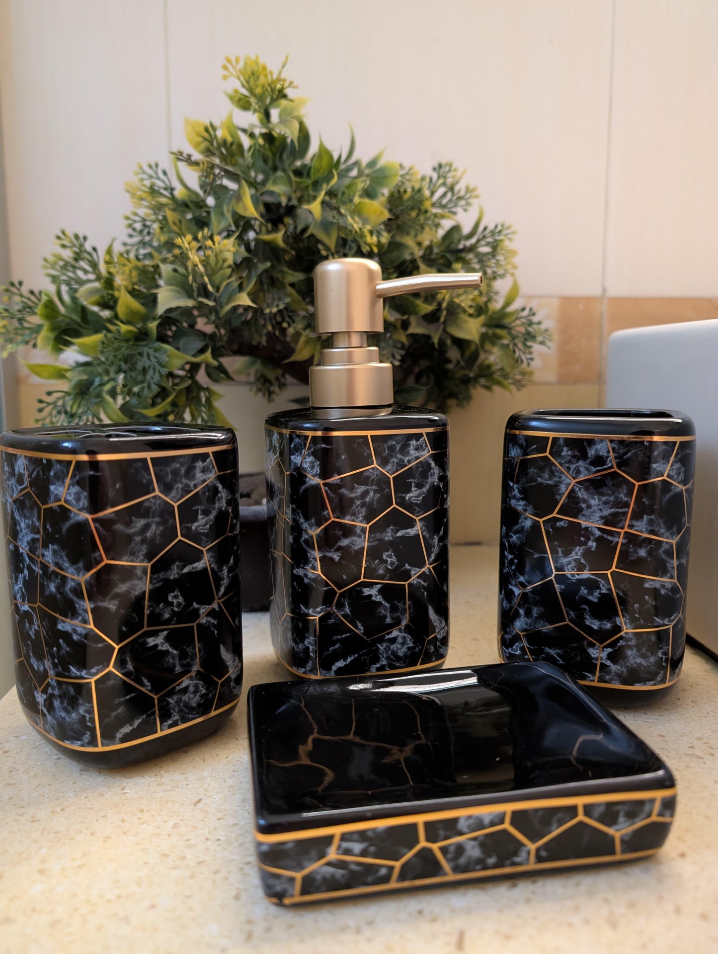 MarbellaStone™ Noir Marble Set | 4-Piece Luxury Bathroom Organizer